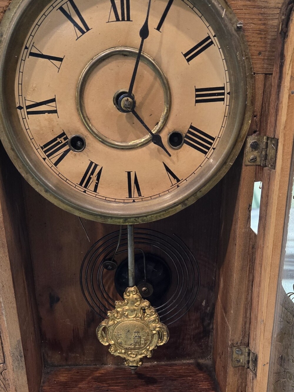 Antique Gingerbread Clock Working w/ Key Wood Parlor Mantel Clock Brass Pendulum